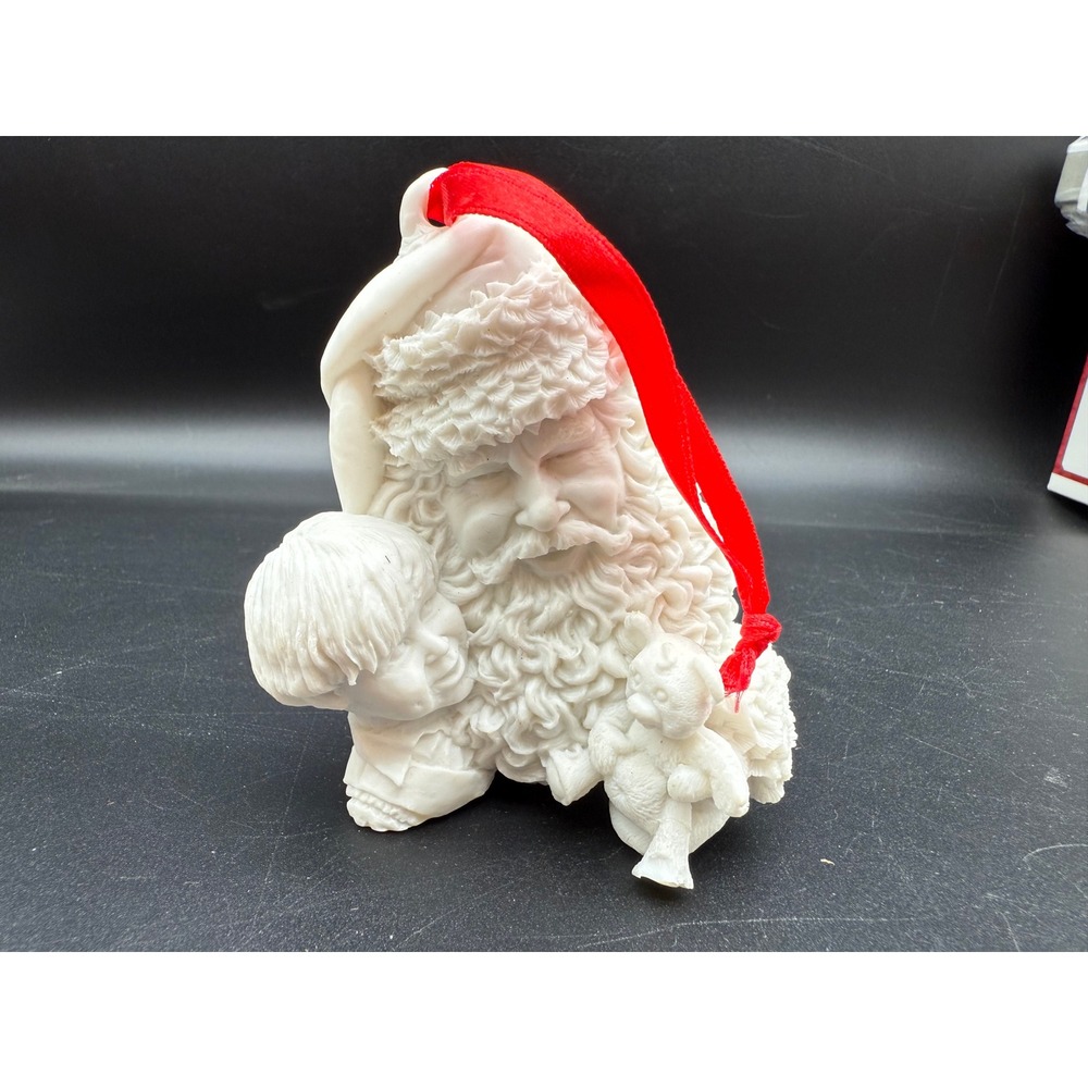 1996 Mark Klaus Santa Ornament Boy with Teddy‎ Bear White Resin Red Ribbon